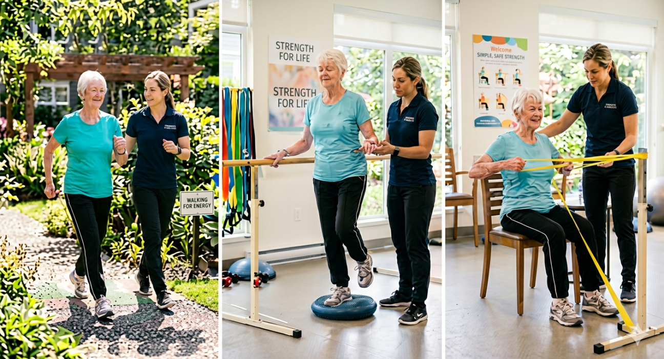 Senior fitness routine with older adults doing gentle exercises for energy, balance, mobility, and independence.