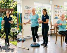Senior fitness routine with older adults doing gentle exercises for energy, balance, mobility, and independence.