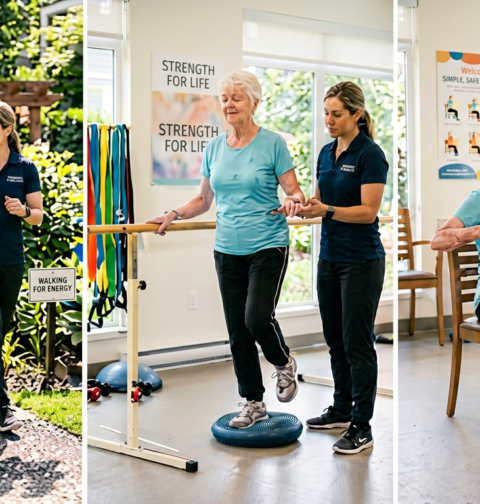 Senior fitness routine with older adults doing gentle exercises for energy, balance, mobility, and independence.