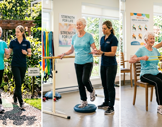 Senior fitness routine with older adults doing gentle exercises for energy, balance, mobility, and independence.