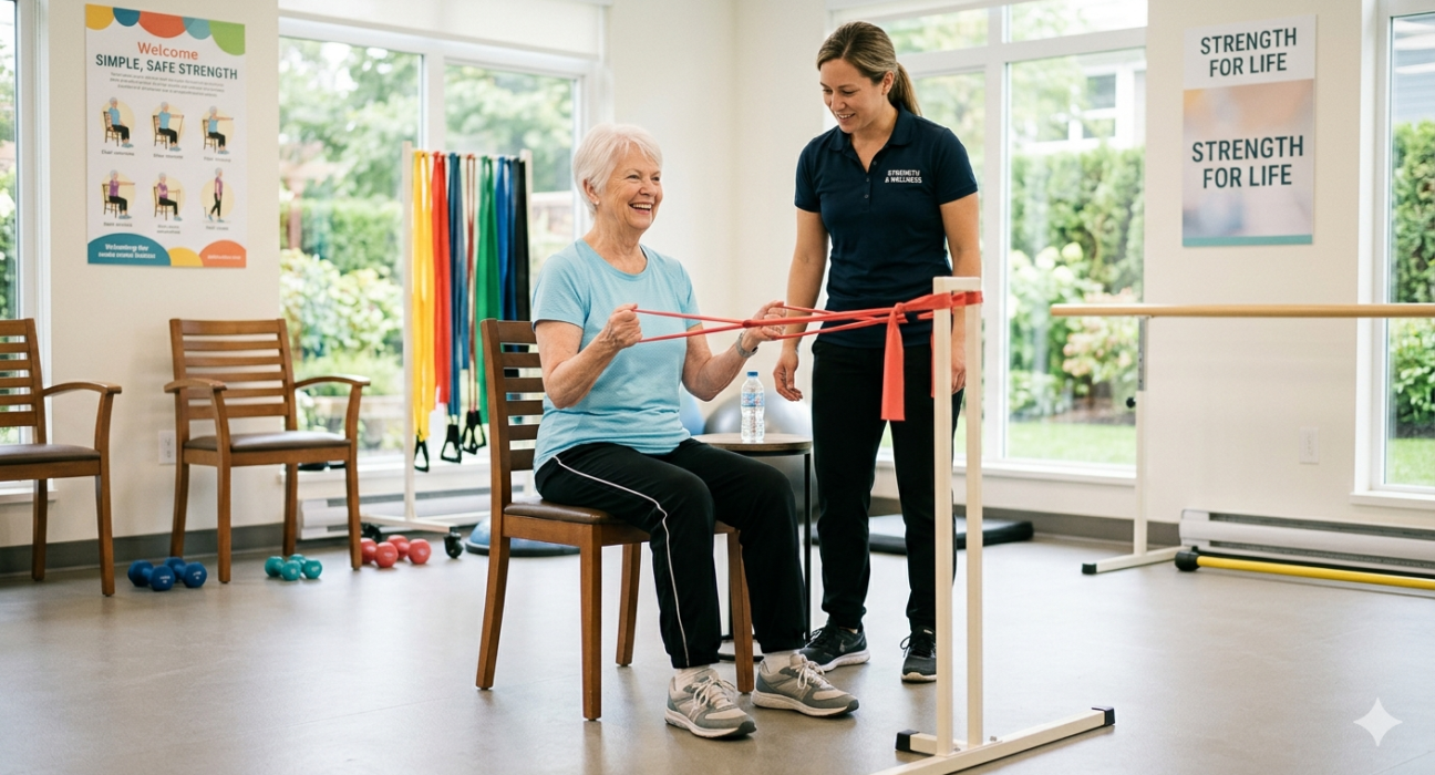 Strength training for seniors using light dumbbells and resistance bands for muscle strength, balance, and healthy aging.