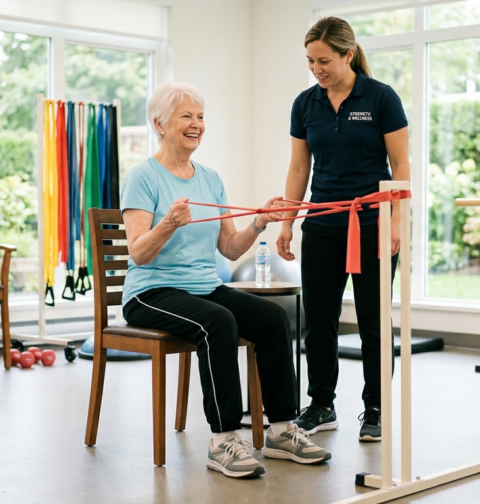 Strength training for seniors using light dumbbells and resistance bands for muscle strength, balance, and healthy aging.