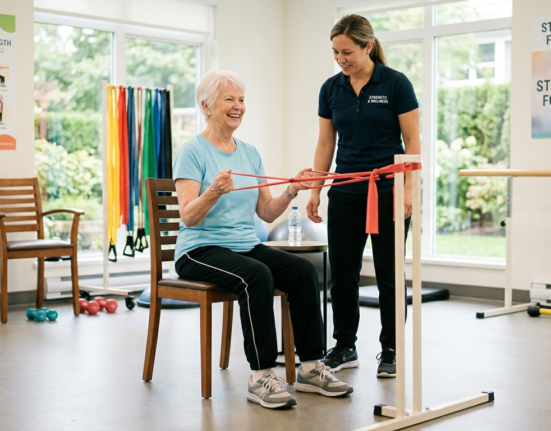Strength training for seniors using light dumbbells and resistance bands for muscle strength, balance, and healthy aging.