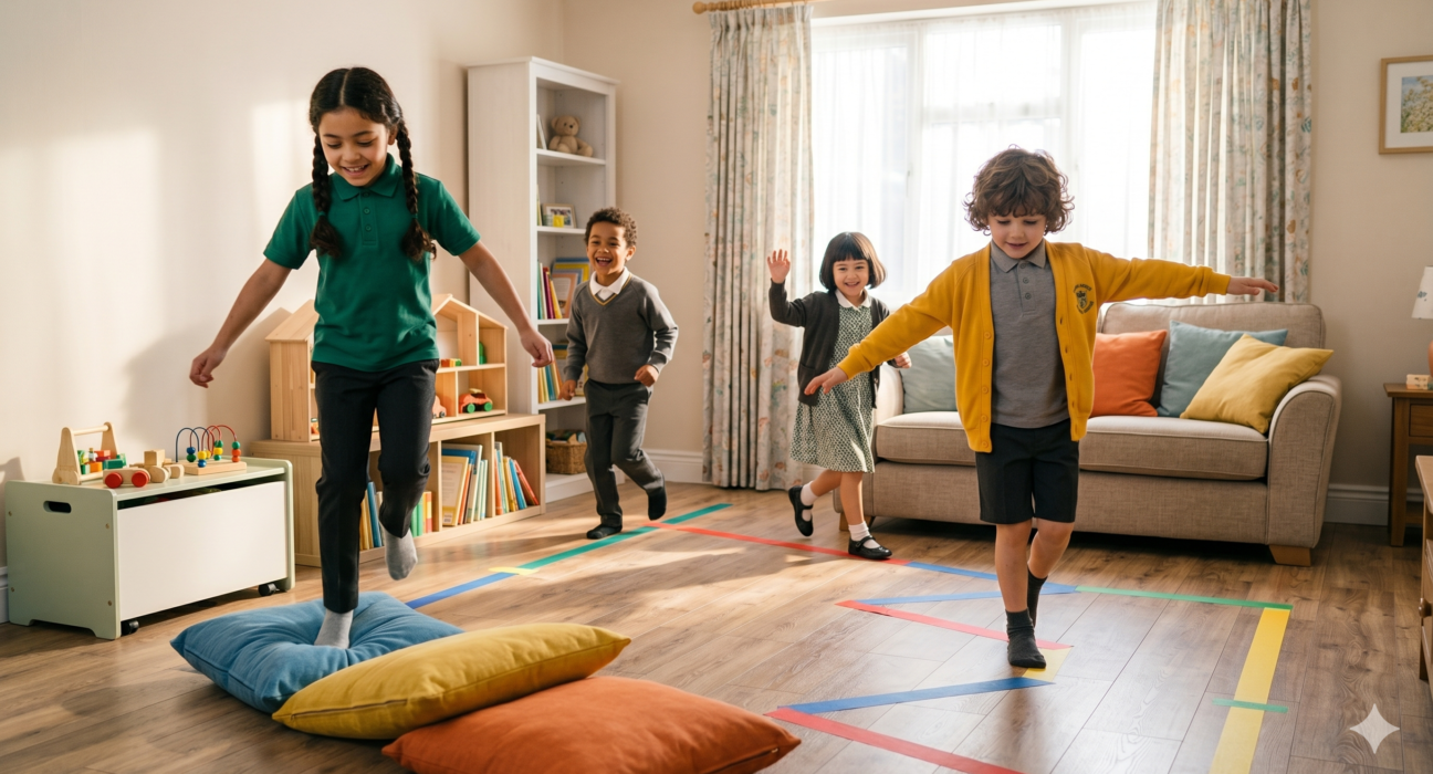 Physical activities for kids at home including jumping, balancing, running, and active play for healthy growth.