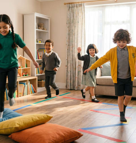 Physical activities for kids at home including jumping, balancing, running, and active play for healthy growth.