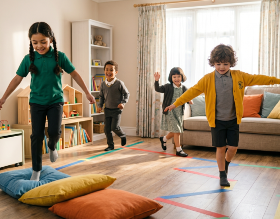 Physical activities for kids at home including jumping, balancing, running, and active play for healthy growth.