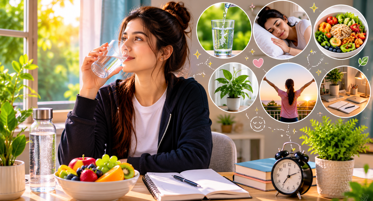 A young woman drinking water in a bright morning room with fresh fruits, plants, sleep, healthy food, fresh air, and clean workspace icons showing simple lifestyle habits for a fresh body and mind.