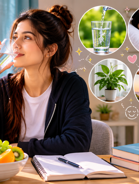 A young woman drinking water in a bright morning room with fresh fruits, plants, sleep, healthy food, fresh air, and clean workspace icons showing simple lifestyle habits for a fresh body and mind.