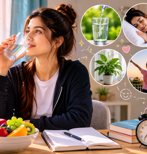 A young woman drinking water in a bright morning room with fresh fruits, plants, sleep, healthy food, fresh air, and clean workspace icons showing simple lifestyle habits for a fresh body and mind.