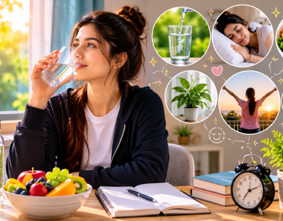 A young woman drinking water in a bright morning room with fresh fruits, plants, sleep, healthy food, fresh air, and clean workspace icons showing simple lifestyle habits for a fresh body and mind.