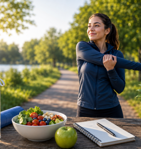 A woman stretching outdoors in the morning with water, healthy food, a notebook, and plants, representing simple daily habits to feel more active naturally.