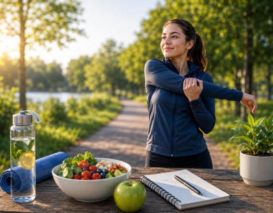 A woman stretching outdoors in the morning with water, healthy food, a notebook, and plants, representing simple daily habits to feel more active naturally.