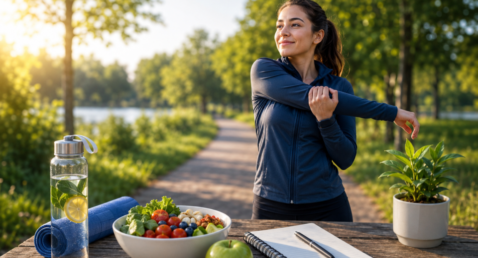 A woman stretching outdoors in the morning with water, healthy food, a notebook, and plants, representing simple daily habits to feel more active naturally.