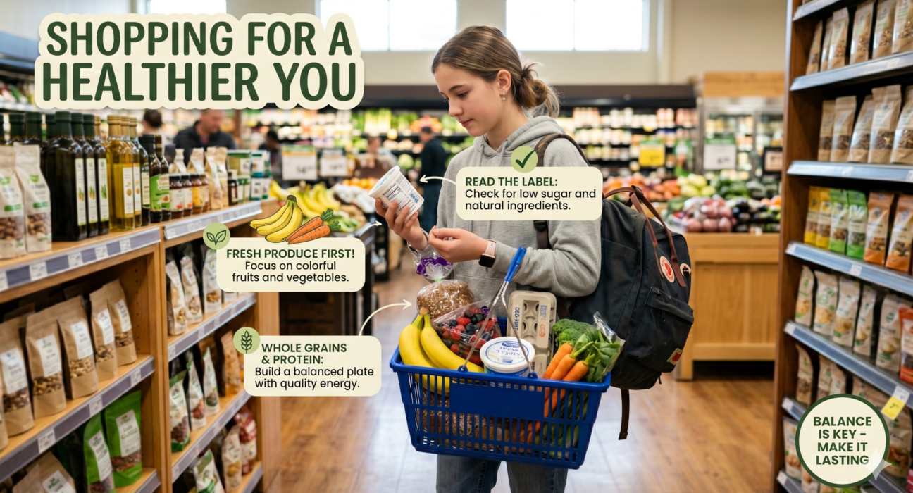 Healthy eating for teenagers shown through smart grocery choices, fruits, vegetables, whole grains, protein foods, and balanced nutrition.