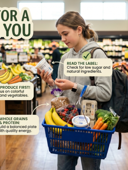 Healthy eating for teenagers shown through smart grocery choices, fruits, vegetables, whole grains, protein foods, and balanced nutrition.