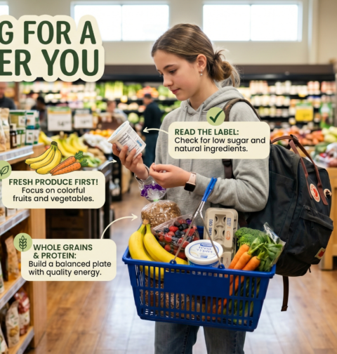 Healthy eating for teenagers shown through smart grocery choices, fruits, vegetables, whole grains, protein foods, and balanced nutrition.