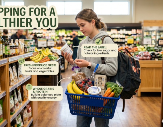 Healthy eating for teenagers shown through smart grocery choices, fruits, vegetables, whole grains, protein foods, and balanced nutrition.