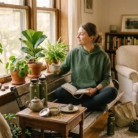 Healthy Mind wellness routine with journaling, tea, plants, movement, and calm home habits