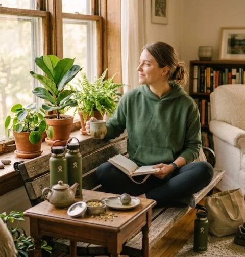Healthy Mind wellness routine with journaling, tea, plants, movement, and calm home habits