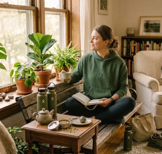 Healthy Mind wellness routine with journaling, tea, plants, movement, and calm home habits