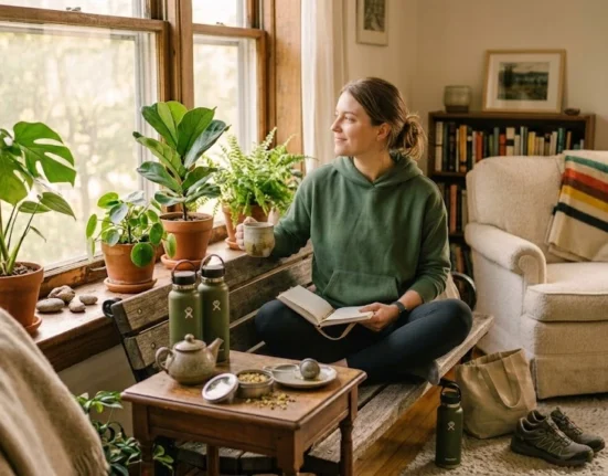 Healthy Mind wellness routine with journaling, tea, plants, movement, and calm home habits