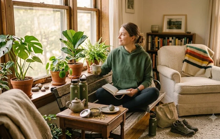 Healthy Mind wellness routine with journaling, tea, plants, movement, and calm home habits