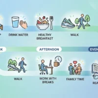 Daily Wellness infographic showing healthy daily routines that improve mind wellness