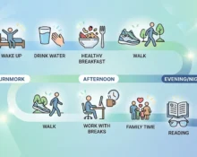 Daily Wellness infographic showing healthy daily routines that improve mind wellness