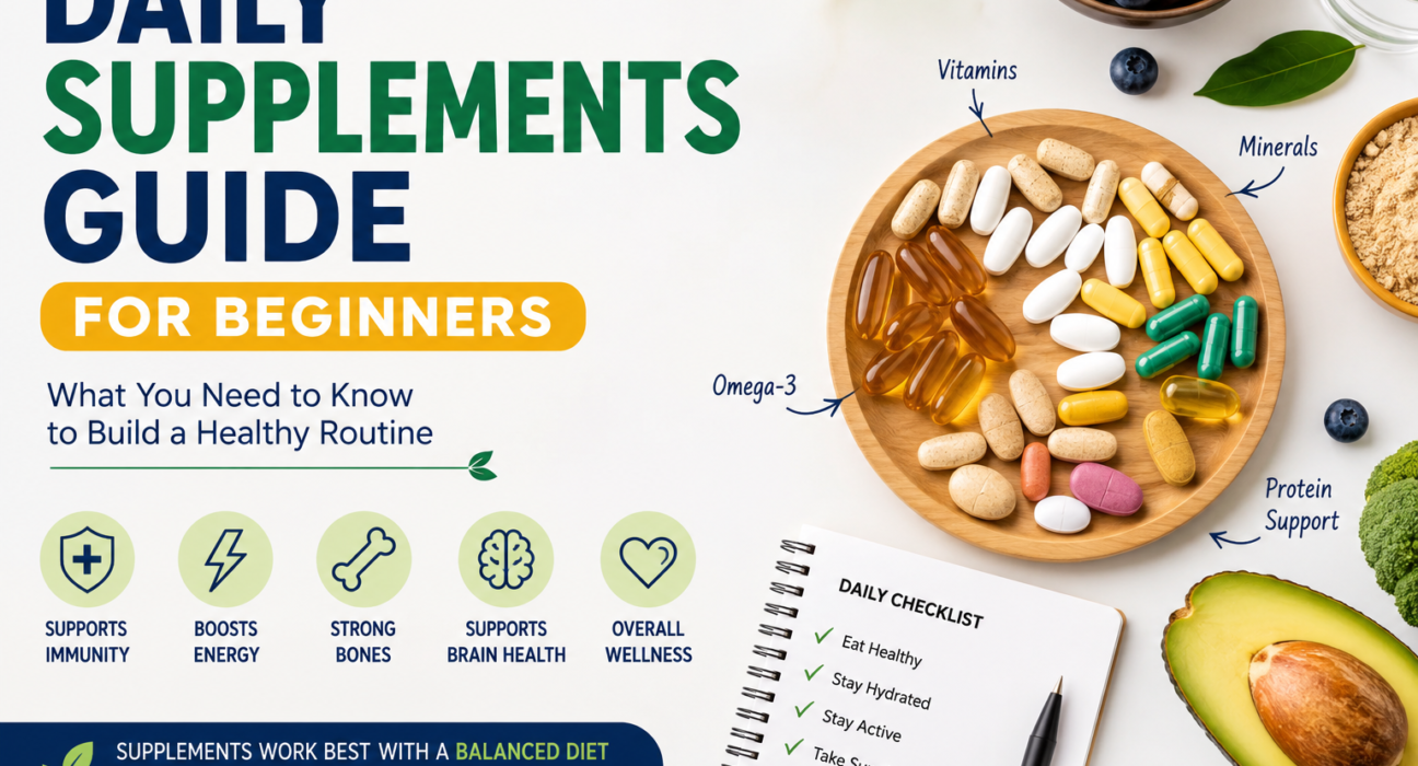 Daily supplements guide for beginners with vitamins, minerals, omega-3, healthy foods, and wellness checklist.