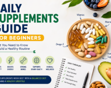 Daily supplements guide for beginners with vitamins, minerals, omega-3, healthy foods, and wellness checklist.