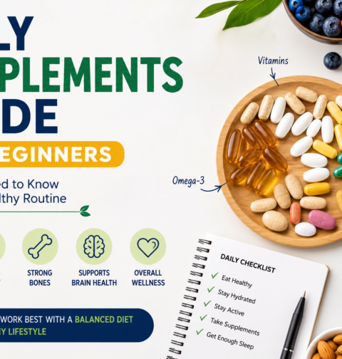 Daily supplements guide for beginners with vitamins, minerals, omega-3, healthy foods, and wellness checklist.