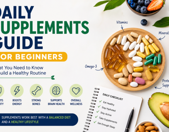 Daily supplements guide for beginners with vitamins, minerals, omega-3, healthy foods, and wellness checklist.