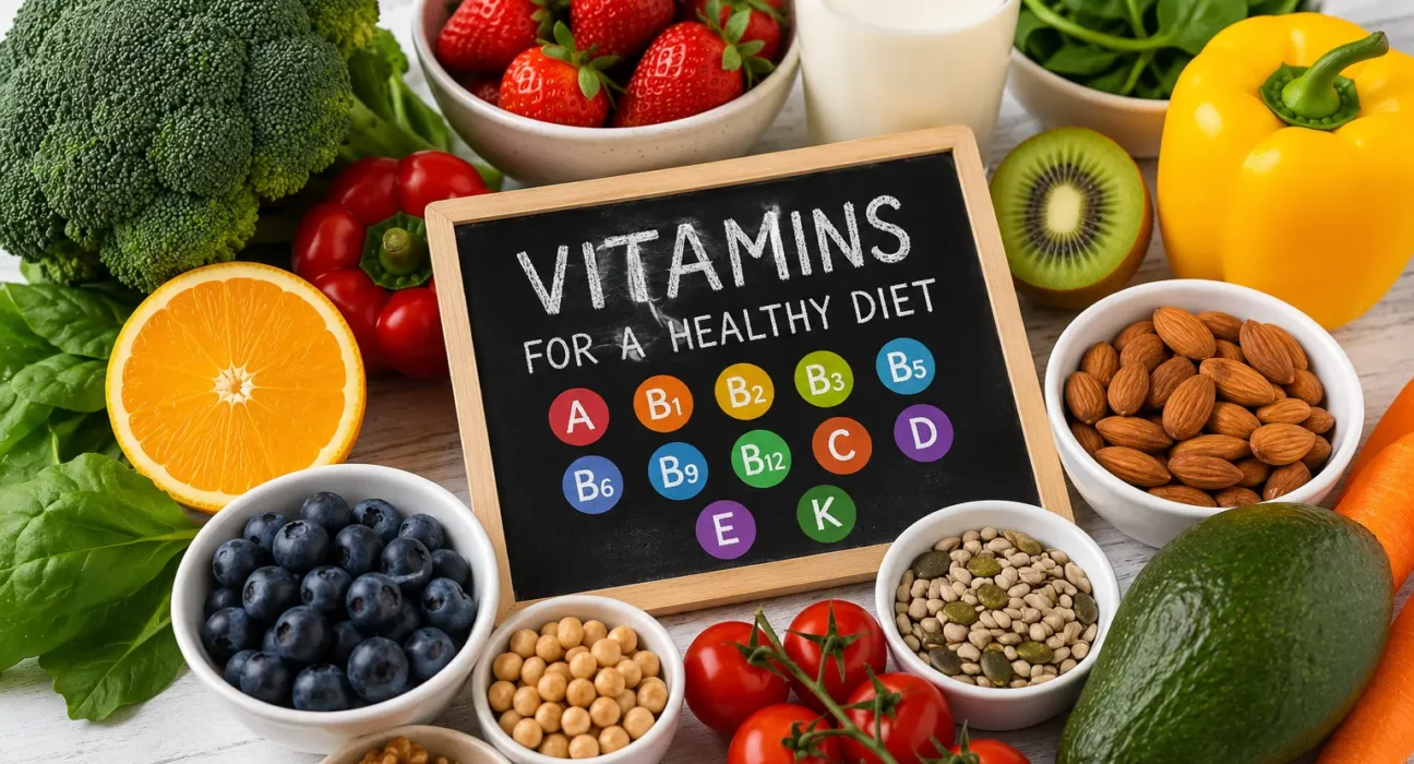 Best vitamins for a healthy diet from colorful fruits, vegetables, nuts, seeds, and dairy foods.