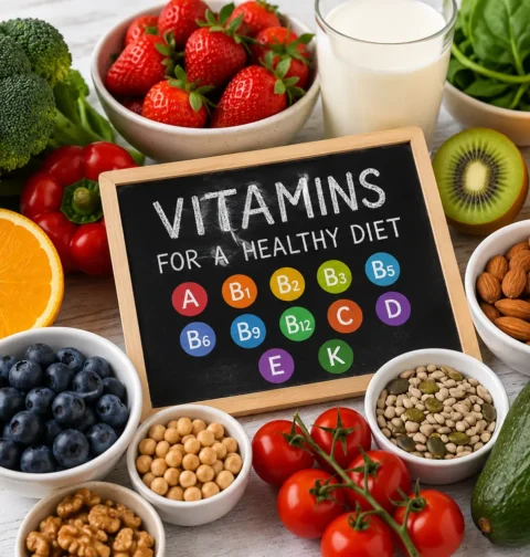 Best vitamins for a healthy diet from colorful fruits, vegetables, nuts, seeds, and dairy foods.