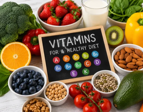 Best vitamins for a healthy diet from colorful fruits, vegetables, nuts, seeds, and dairy foods.
