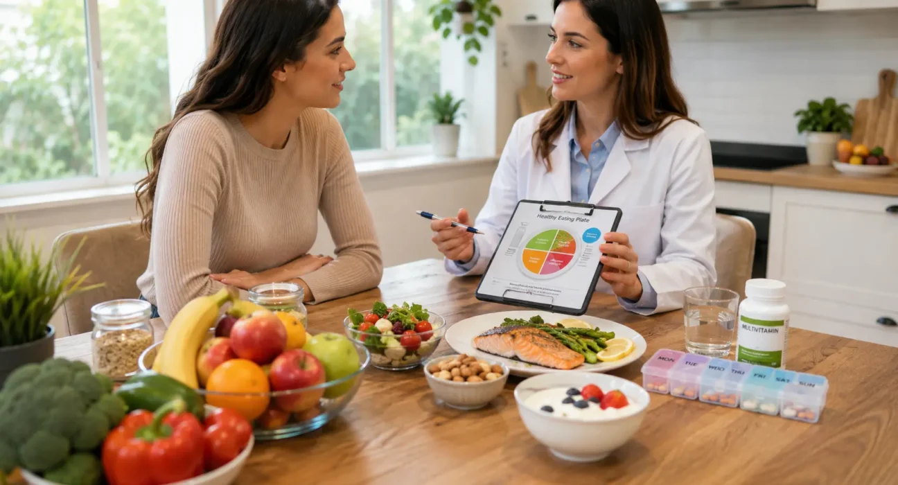 Balanced Supplements with healthy foods on a balanced diet in a modern kitchen