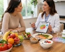 Balanced Supplements with healthy foods on a balanced diet in a modern kitchen