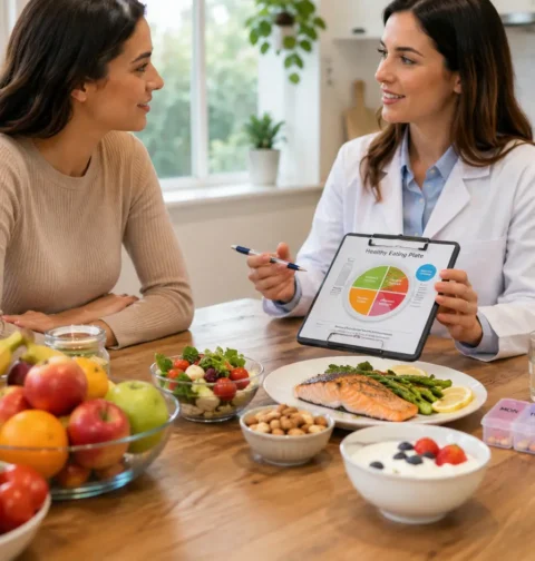 Balanced Supplements with healthy foods on a balanced diet in a modern kitchen
