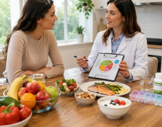 Balanced Supplements with healthy foods on a balanced diet in a modern kitchen