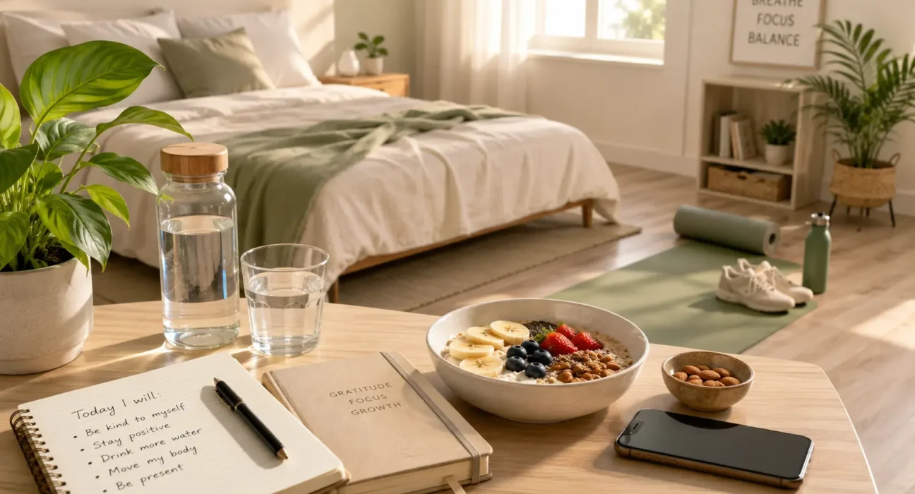Mind Wellness routine with journaling, healthy breakfast, movement, and screen-free habits
