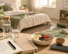 Mind Wellness routine with journaling, healthy breakfast, movement, and screen-free habits
