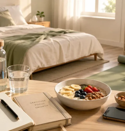 Mind Wellness routine with journaling, healthy breakfast, movement, and screen-free habits
