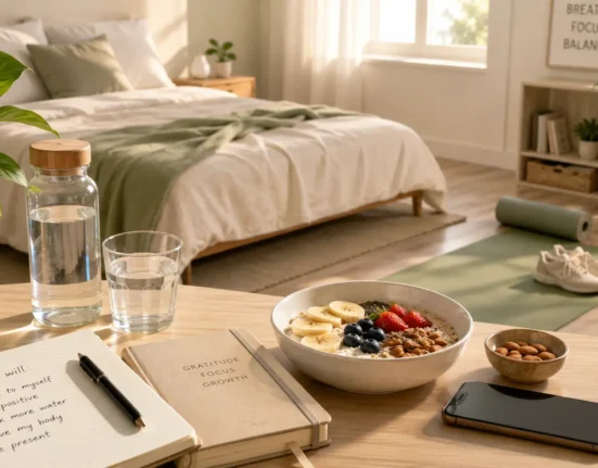 Mind Wellness routine with journaling, healthy breakfast, movement, and screen-free habits