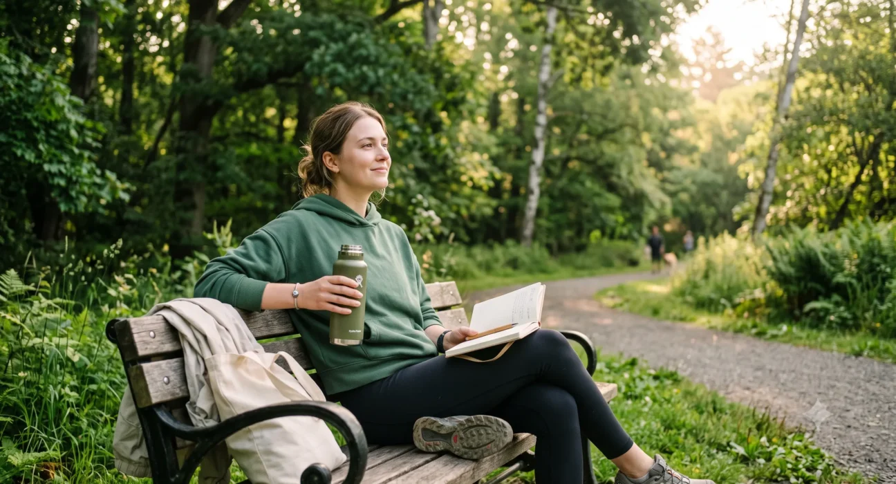 Stress Relief lifestyle with peaceful outdoor journaling, hydration, and morning walk