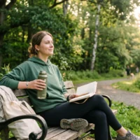 Stress Relief lifestyle with peaceful outdoor journaling, hydration, and morning walk