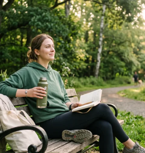 Stress Relief lifestyle with peaceful outdoor journaling, hydration, and morning walk