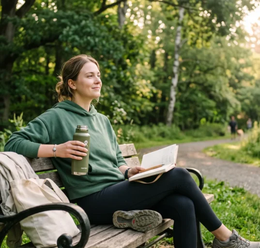 Stress Relief lifestyle with peaceful outdoor journaling, hydration, and morning walk