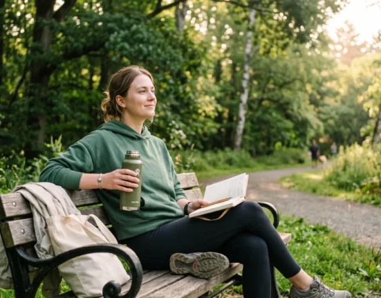 Stress Relief lifestyle with peaceful outdoor journaling, hydration, and morning walk