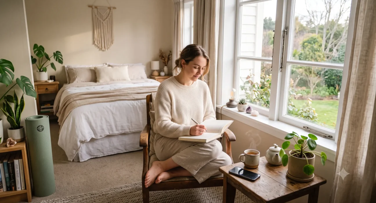 Mental Peace lifestyle habit with journaling, tea, plants, and screen-free morning routine