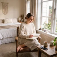 Mental Peace lifestyle habit with journaling, tea, plants, and screen-free morning routine